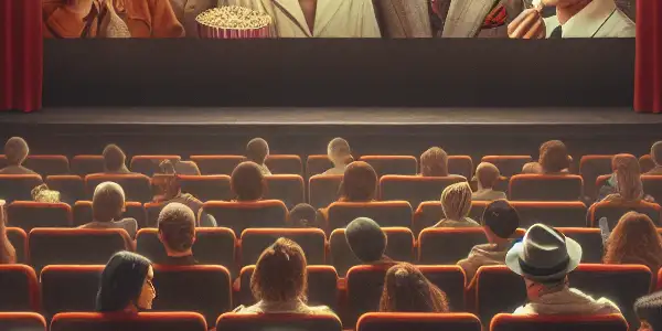 A vintage cinema scene filled with diverse film enthusiasts enjoying a classic adult film in a nostalgic setting.