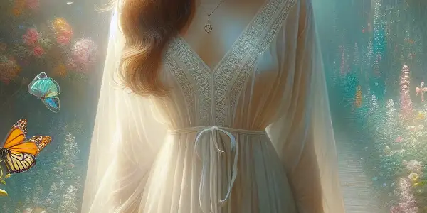 A young woman in a serene garden, embodying innocence and curiosity, surrounded by blooming flowers and symbols of discovery.