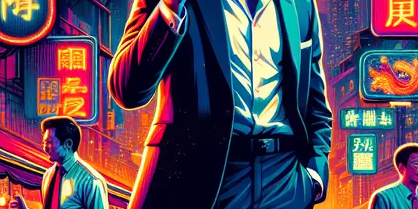 A charismatic male protagonist in a neon-lit Hong Kong cityscape, blending humor and eroticism with playful interactions.