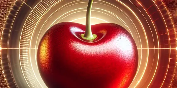 A vibrant red cherry at the center of a sleek digital interface for adult entertainment, surrounded by genre icons.