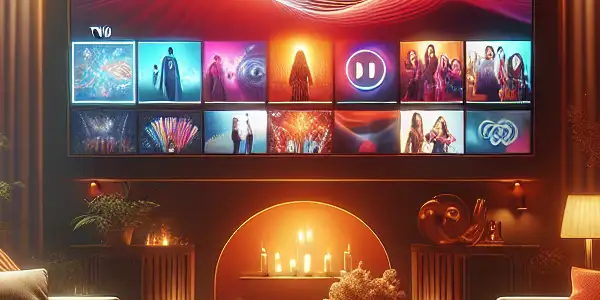 A cozy living room showcasing a sleek TV interface for a modern adult streaming platform with inviting lighting.