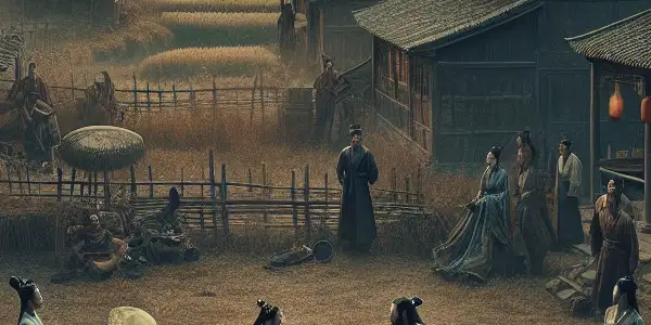 A rural village in Shaanxi, China, depicting two families in a tense standoff at dusk.