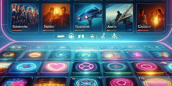 A futuristic online movie platform interface showcasing vibrant thumbnails of Japanese adult films in a sleek virtual environment.