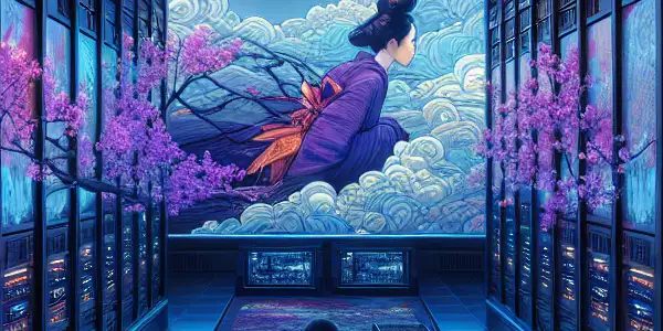 A futuristic server room with vibrant neon lights, featuring a person watching adult films on a high-definition screen.