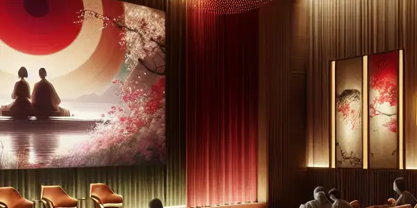 A luxurious cinema room with plush seating, ambient lighting, and a large screen, featuring diverse viewers and elegant decor.