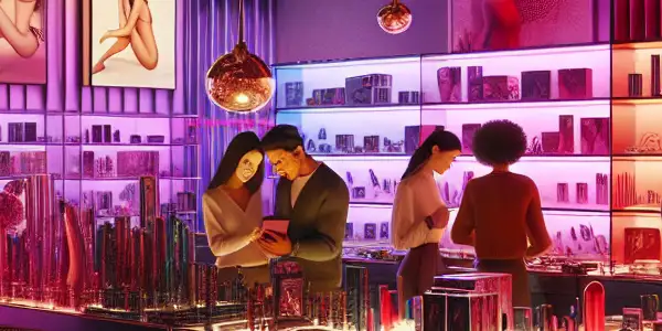 A modern adult toy store filled with colorful products, diverse shoppers, and a playful yet sophisticated atmosphere.