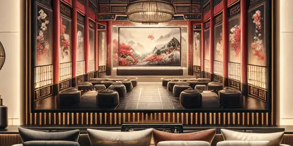 A stylish adult film viewing room featuring a widescreen TV, plush seating, and ambient lighting, emphasizing privacy and sophistication.