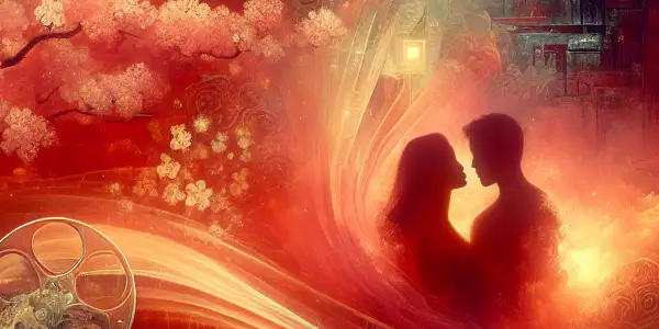 A couple in an intimate embrace, surrounded by cherry blossoms and city skylines, evokes passion and romance.