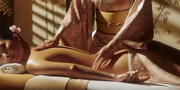 A serene adult spa room featuring a massage therapist in a kimono, surrounded by calming decor and warm lighting.<a href=