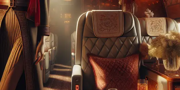 An elegant airplane interior featuring a stylish flight attendant serving gourmet snacks in a luxurious setting.