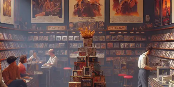 A nostalgic 1980s adult film store with vintage posters, DVDs, and diverse shoppers in a warm, inviting atmosphere.