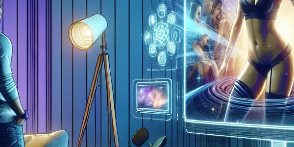 A cozy, high-tech living room with a person enjoying adult content on a large screen in warm lighting.