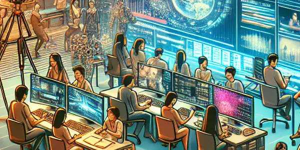 A diverse group of individuals creating adult content in a modern home office, showcasing professionalism and creativity.