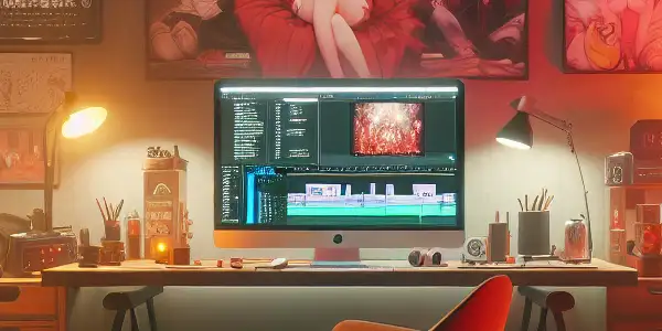 An intimate room with a laptop, camera, and vibrant decor, suggesting private adult content creation.