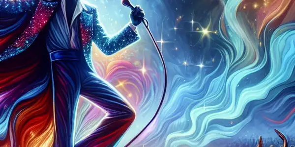 Freddie Mercury performing passionately on stage in a flamboyant outfit, surrounded by an excited audience.