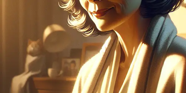 A mature woman in a cozy living room, radiating warmth and complexity, surrounded by family elements.