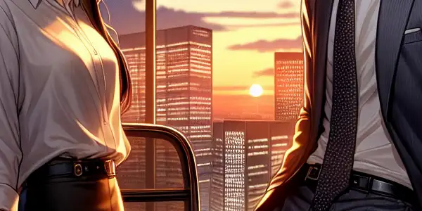 A flirtatious interaction between a confident female office worker and a charming male colleague in a modern office.