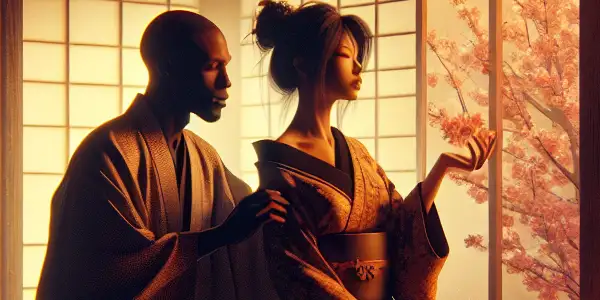 A romantic scene in a traditional Japanese tatami room, featuring two characters in intimate connection amidst cherry blossoms and warm lantern light.