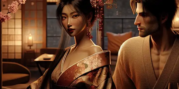 A cozy, dimly-lit room with two characters in deep conversation, embodying emotion and intimacy amidst traditional Japanese decor.