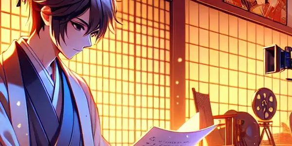 A serene Japanese film set featuring a character in traditional attire reading a script amidst cherry blossoms.