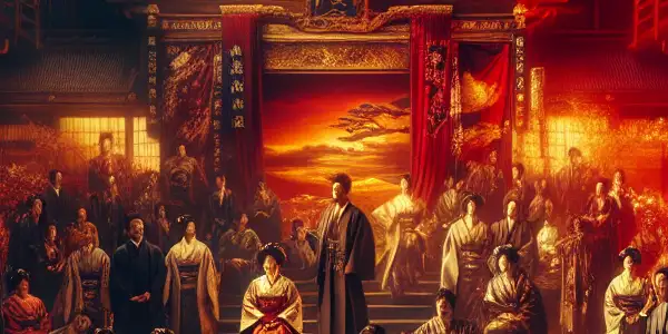 A vibrant scene depicting a romantic moment with diverse actors in elegant costumes against a backdrop of traditional and modern Japanese architecture.