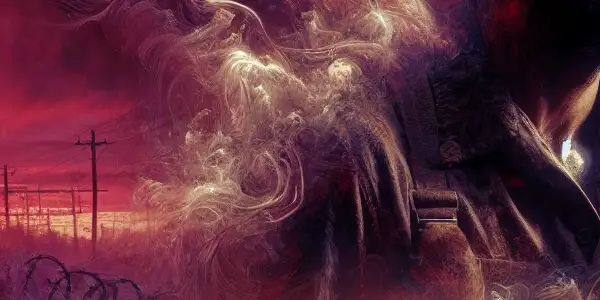 A weary soldier stands on a war-torn battlefield at dusk, embodying desperation and primal desire amidst conflict.