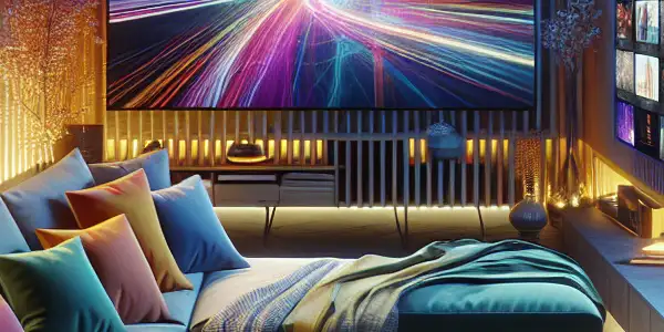 A cozy modern living room at night, featuring a large TV, snacks, and a laptop showcasing movie thumbnails.