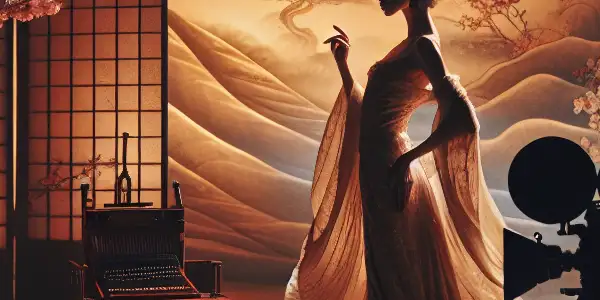 An intimate, dimly lit room featuring a graceful figure, traditional Japanese elements, and hints of erotic photography.