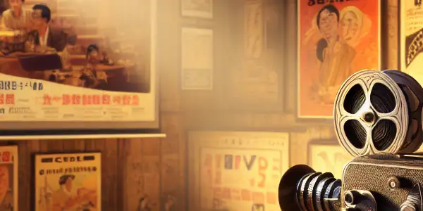 A nostalgic room filled with vintage film memorabilia, featuring a projector illuminating a classic Japanese adult film scene.