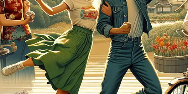 A diverse group of young people joyfully engaging in nostalgic activities amidst lush greenery and blooming flowers in 1970s China.