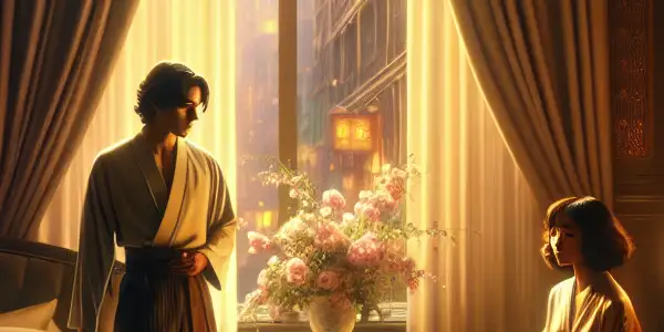 An intimate bedroom scene featuring a couple sharing a moment, surrounded by elegant decor and warm lighting.