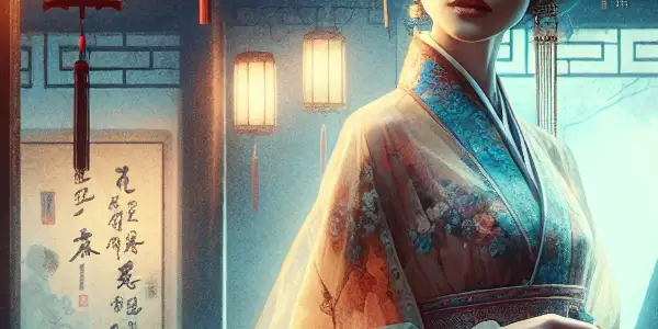 A traditional Chinese courtyard at dusk with actress Hu Huizhong in a flowing dress, surrounded by cherry blossoms and glowing lanterns.