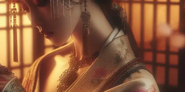 A serene character in traditional attire surrounded by cherry blossoms, embodying passion and emotional turmoil in a Japanese setting.