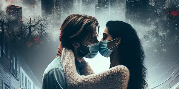 A tense scene contrasting intimate passion in a dim room with a chaotic, hazy urban landscape during a flu epidemic.