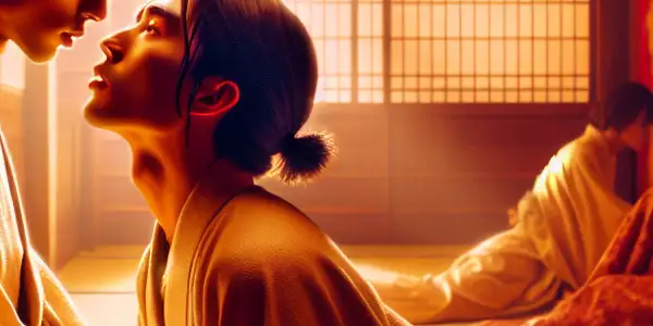 A romantic scene between two characters in a serene Japanese setting, filled with cherry blossoms and warm lighting.