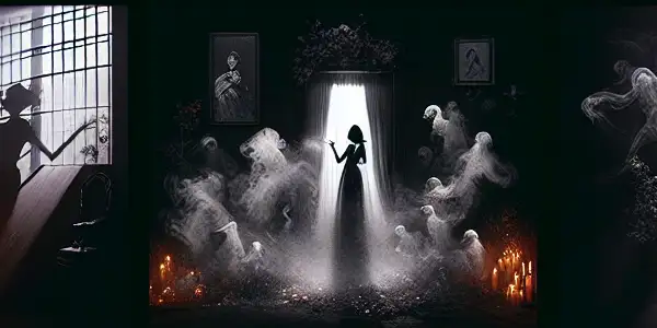 A dimly-lit room filled with ghostly figures, shadows, and flickering candlelight, blending allure and horror.